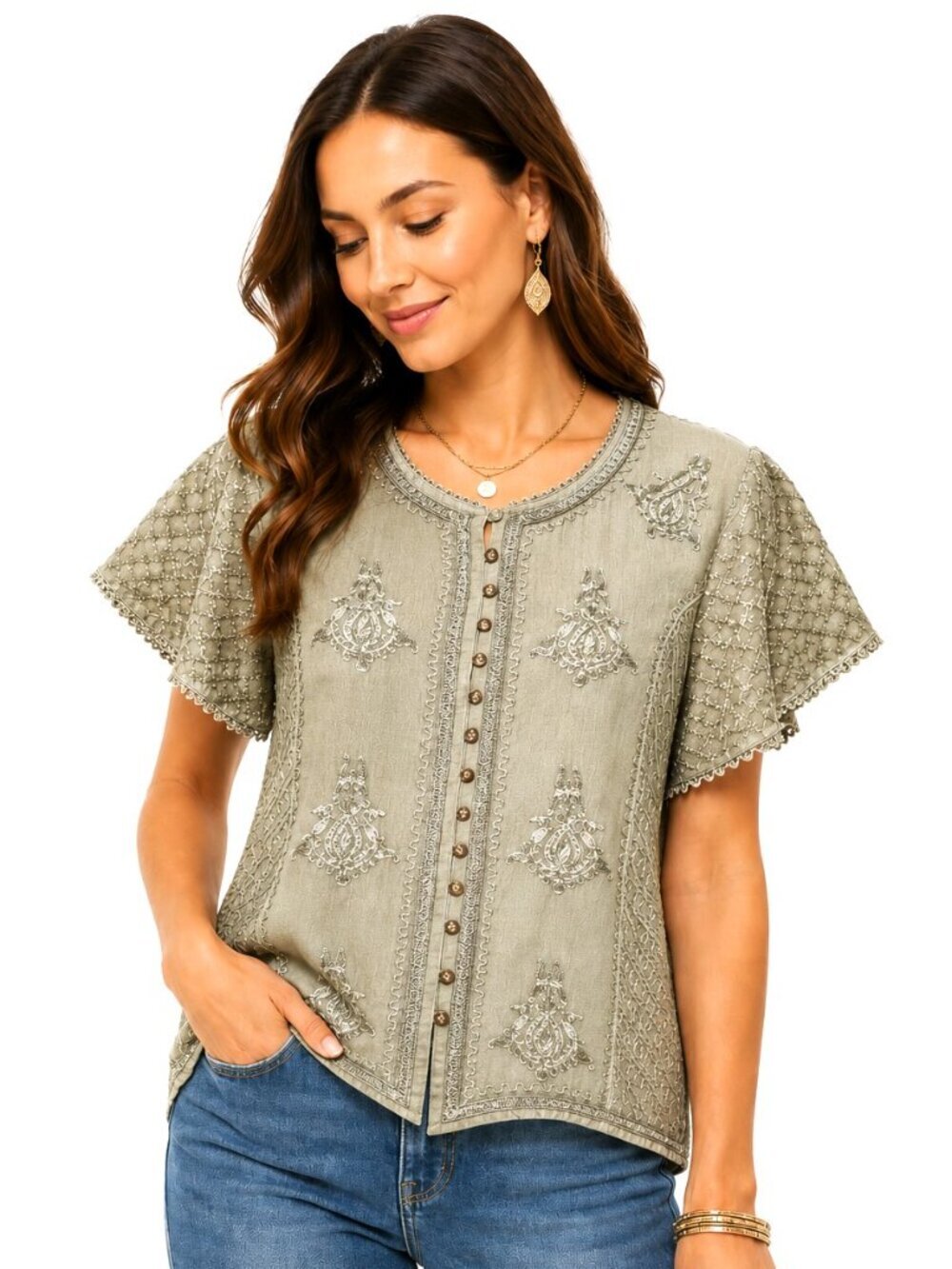 Sol & Mane Celery Green Embroidered Short Sleeve Top
